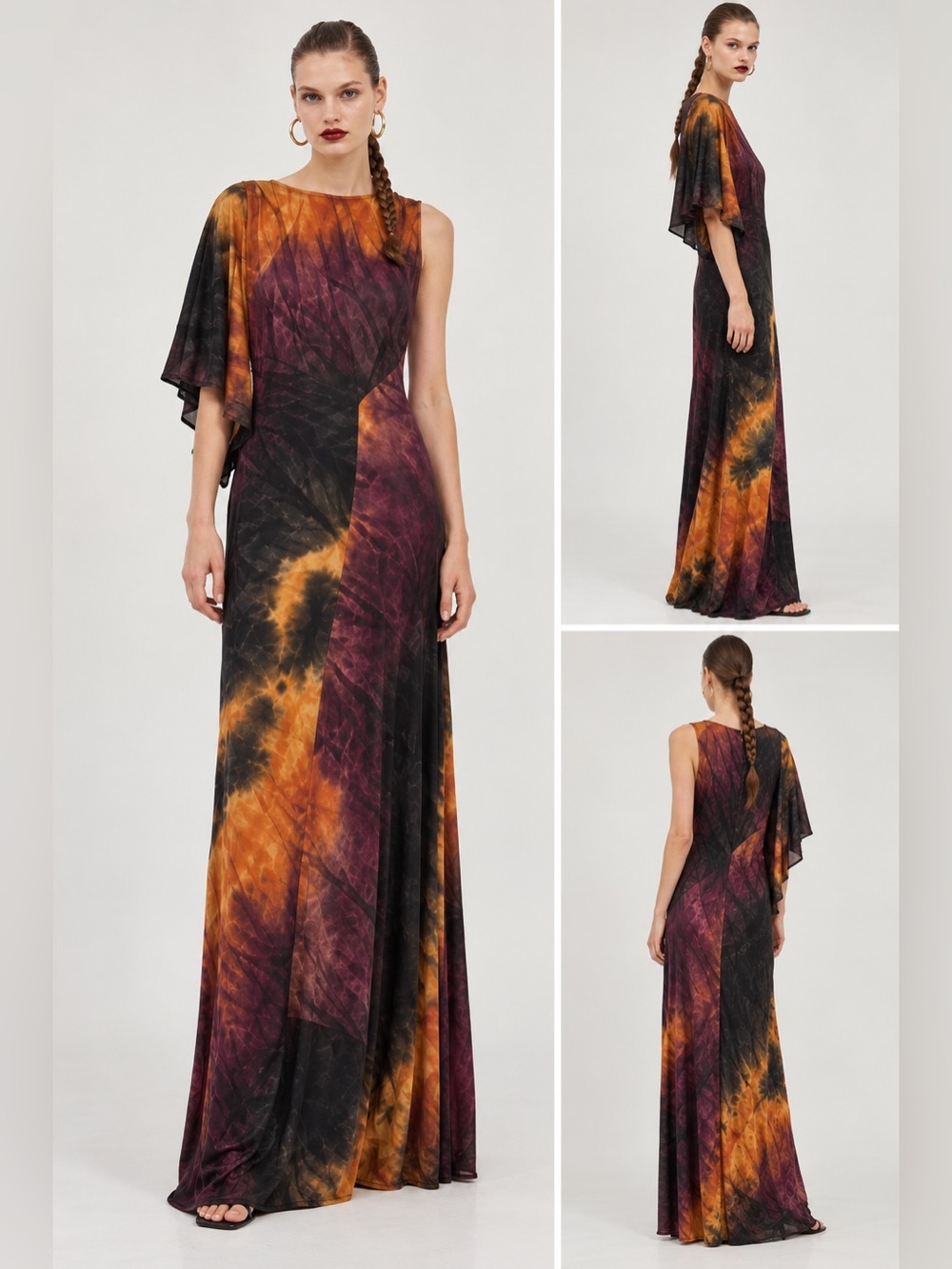 ZARA Asymmetric Tie Dye Printed Maxi Dress One Cape Sleeve Boho Abstract Gold L